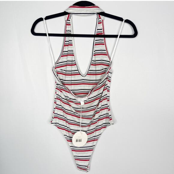 New Wild Honey M White Red Black Striped Halter Ribbed Low Back Bodysuit Cotton - Picture 2 of 11